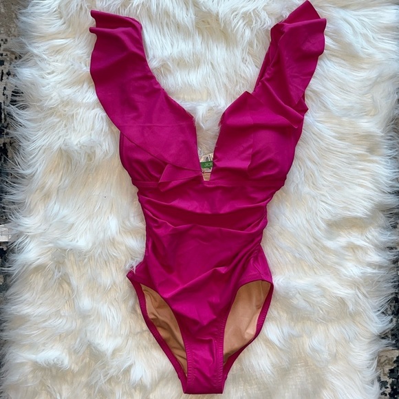 🆕 J Crew Pink Ruched Ruffle One Piece Swimsuit Size 0 - Picture 2 of 9